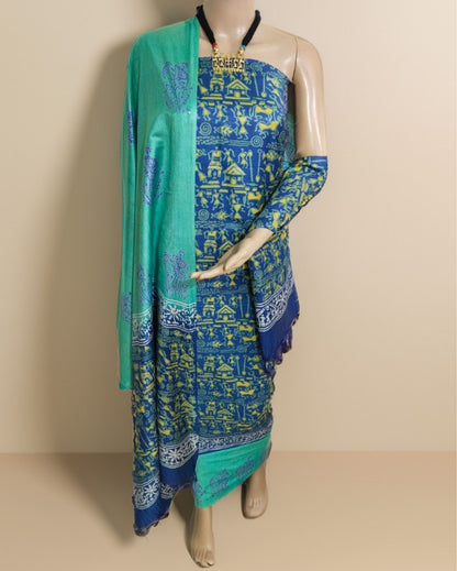 8008-Katan Silk Printed Suit Piece Blue Color with Bottom and Dupatta Handcrafted