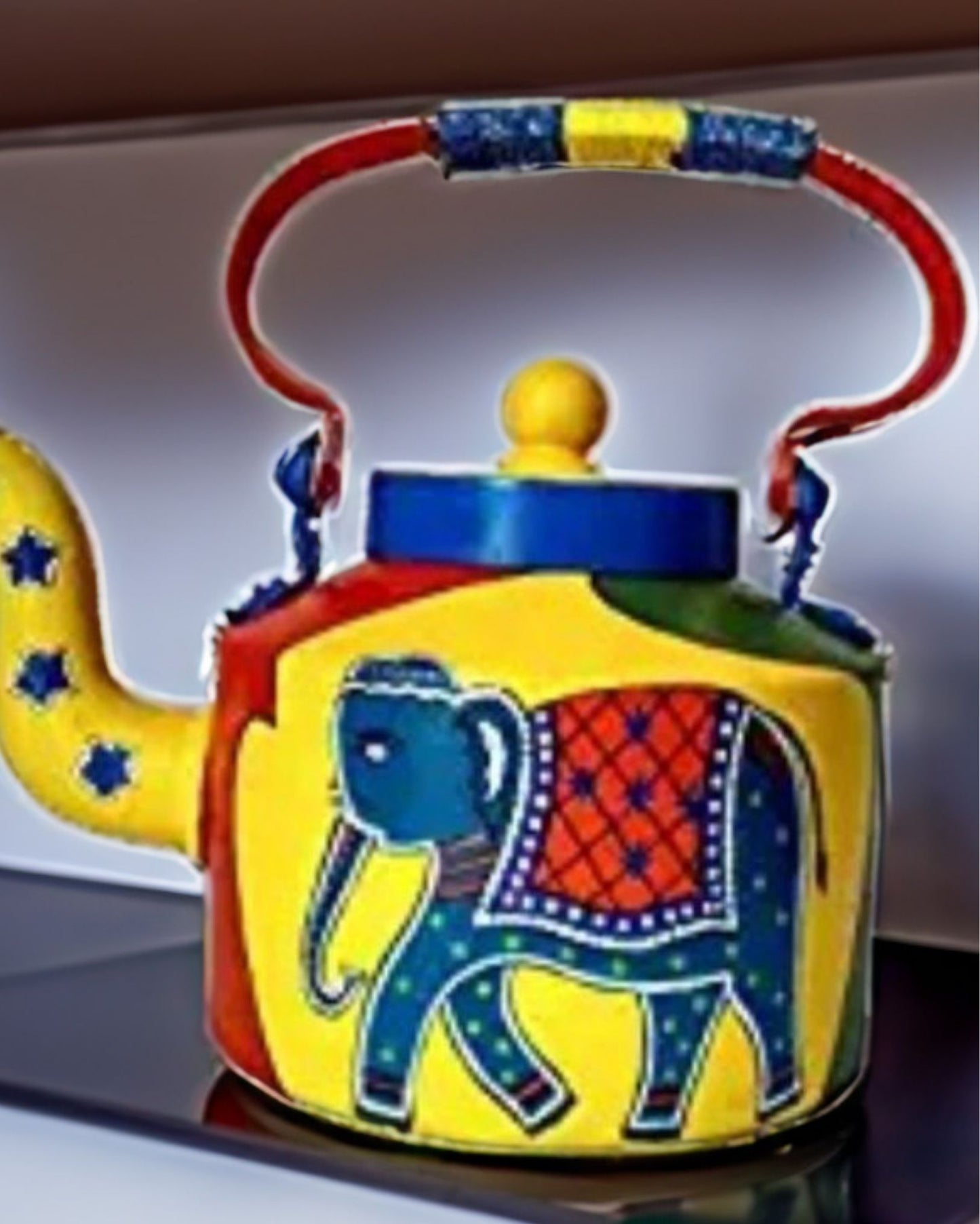 2606-Rajasthani Handpainted Blue and Yellow Metal Kettles