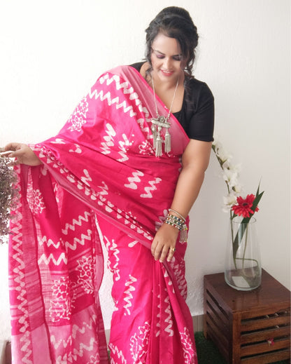 Blushing Slub Linen Batik Print Saree Pink