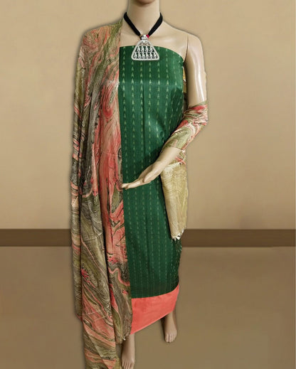 4402-Handcrafted Katan Green Silk Suit Piece with Bottom and Dupatta
