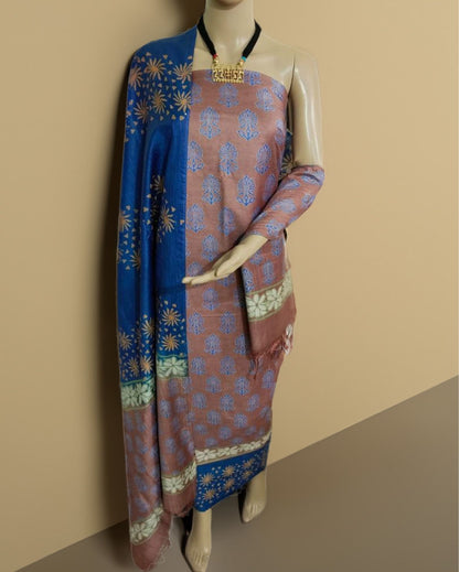 2727-Katan Silk Printed Suit Piece Brown Color with Bottom and Dupatta Handcrafted