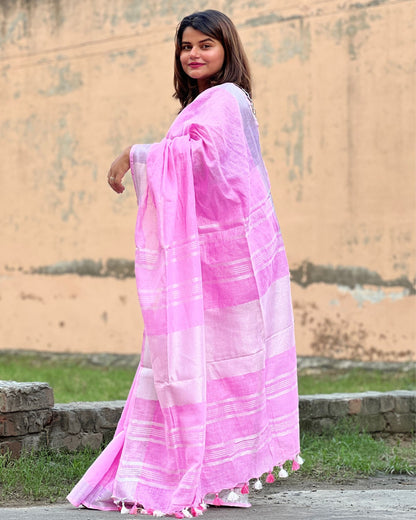 Rosy Handwoven Pure Linen Pink Saree