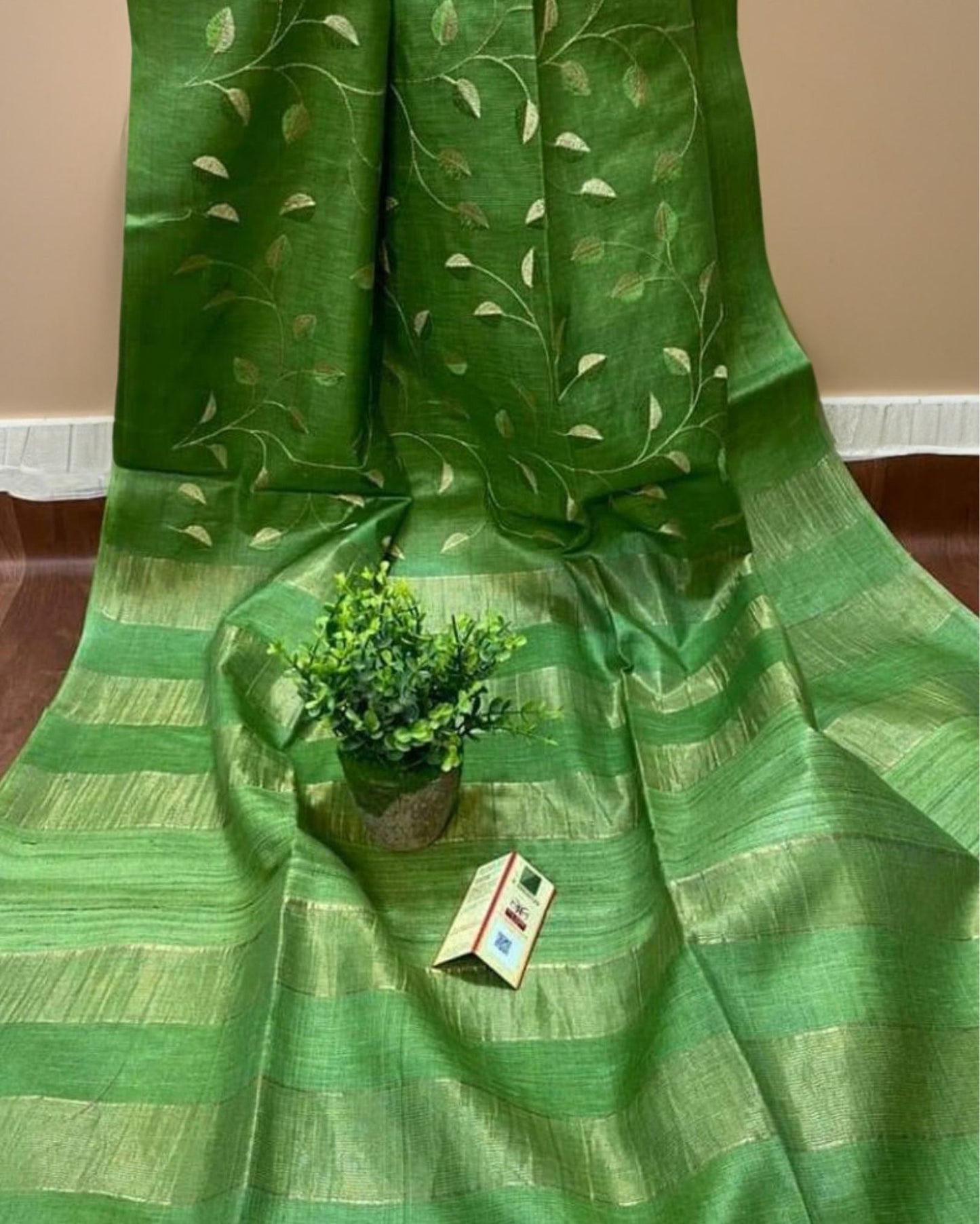Silkmark Alluring Eri Tussar Silk Embroidered Green Saree