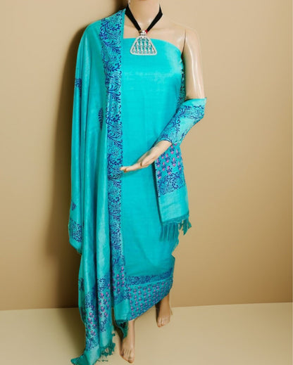 4282-Katan Silk Printed Suit Piece Blue Color with Bottom and Dupatta Handcrafted