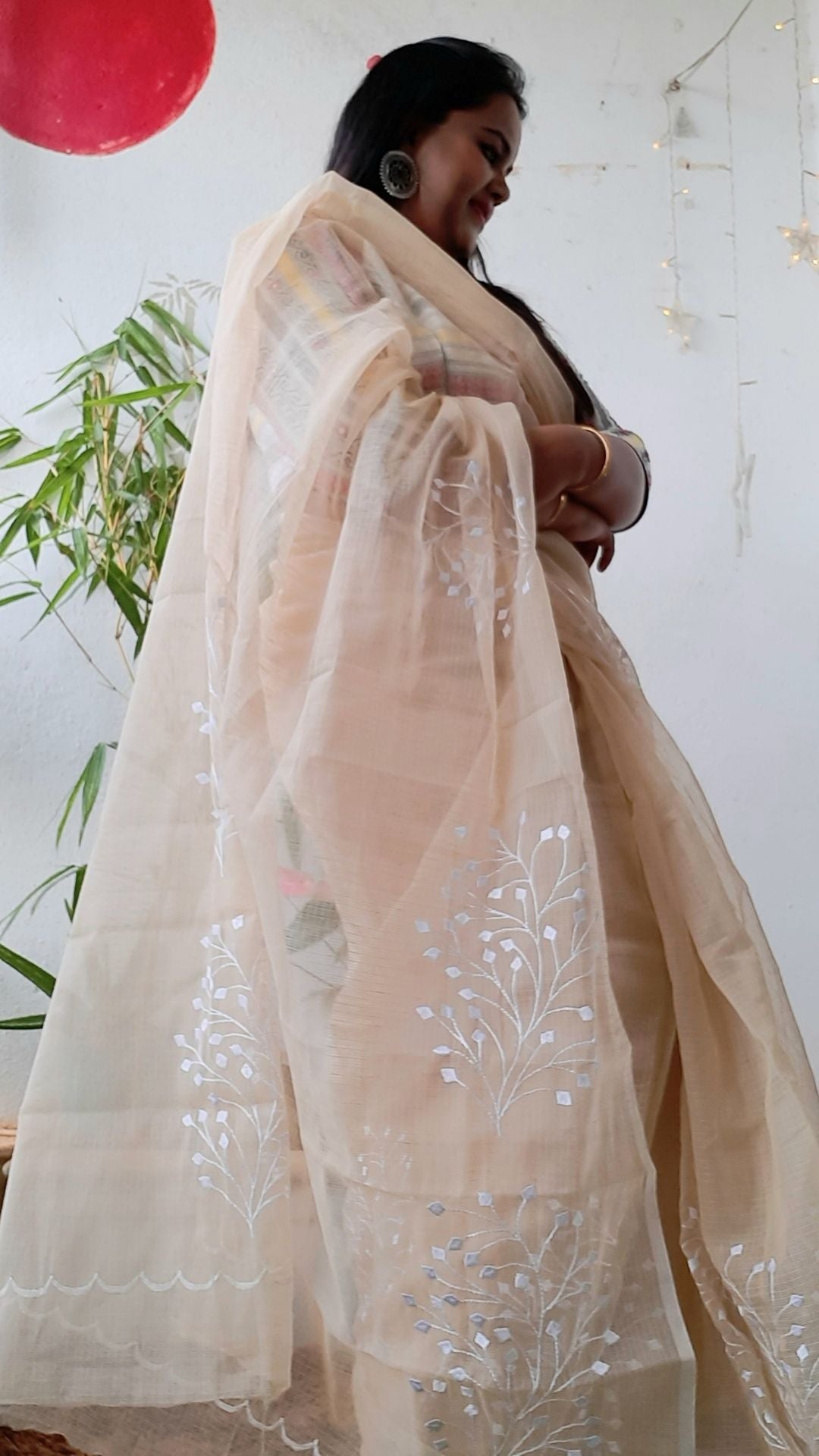 Vivid Kota Doria Cotton Bel Embroidery Beige Saree Handdyed