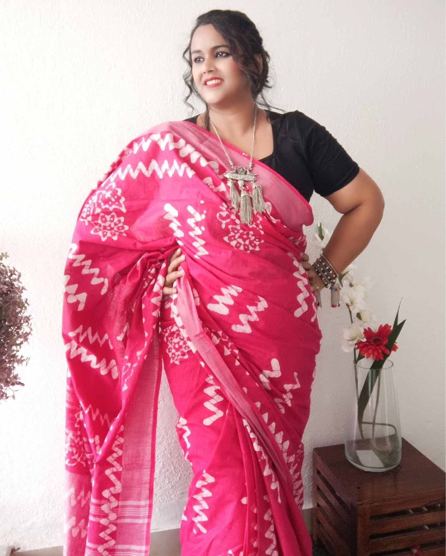 Blushing Slub Linen Batik Print Saree Pink
