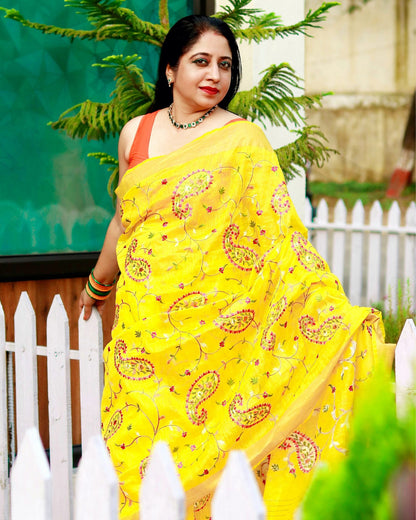 3771-Silk Linen Embroidered Handloom Mustard Yellow Saree with Blouse