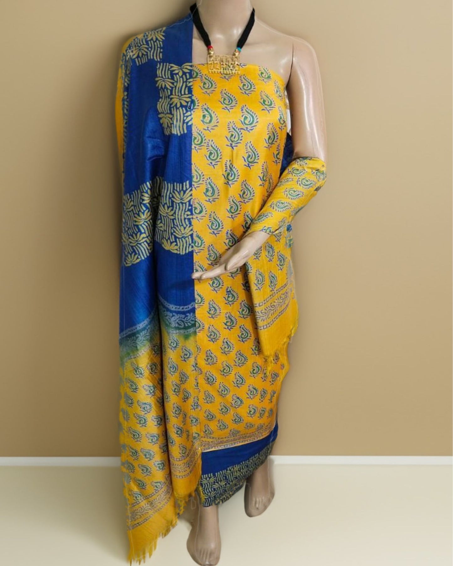 4697-Katan Silk Printed Suit Piece Yellow Color with Bottom and Dupatta Handcrafted (Yellow & Blue)