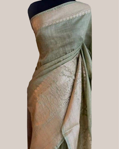 4702-Silk Linen Weaving Design Jacquard Handloom Green Saree with Running Blouse