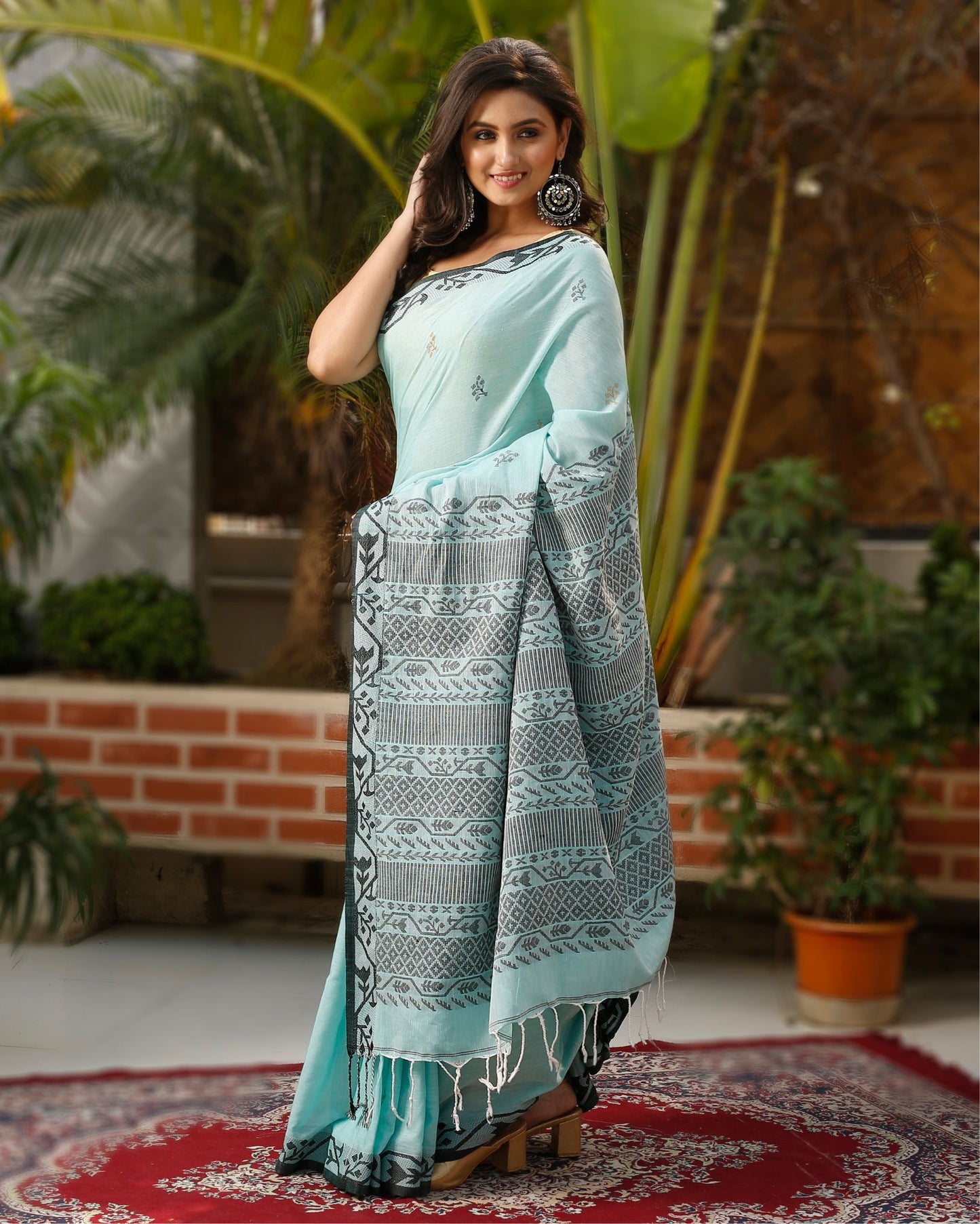 Pure Cotton Handloom Jamdani Weaving Saree Aqua Blue