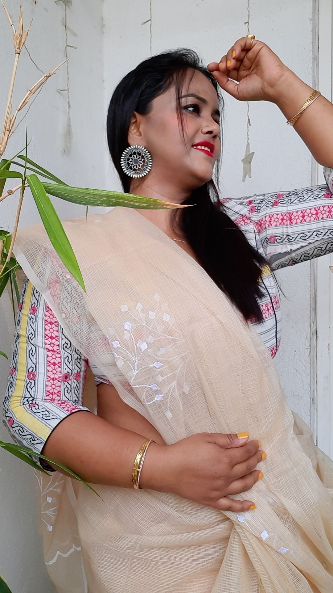 Vivid Kota Doria Cotton Bel Embroidery Beige Saree Handdyed
