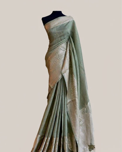 4702-Silk Linen Weaving Design Jacquard Handloom Green Saree with Running Blouse