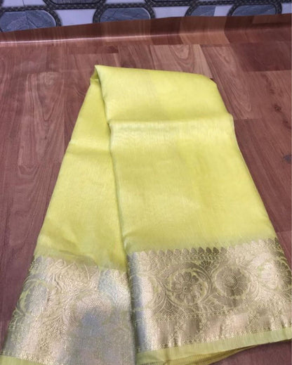 5662-Silk Linen Banarasi Brocade Handloom Yellow Saree with Blouse