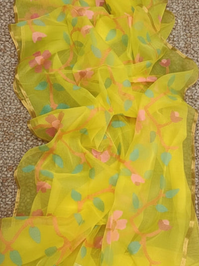 Indiehaat | Pure Muslin Silk Jamdani Saree Yellow