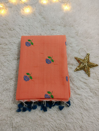 Indiehaat | Pure Cotton Half Embroidery Saree Orange