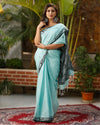 Pure Cotton Handloom Jamdani Weaving Saree Aqua Blue Color with running blouse-Indiehaat