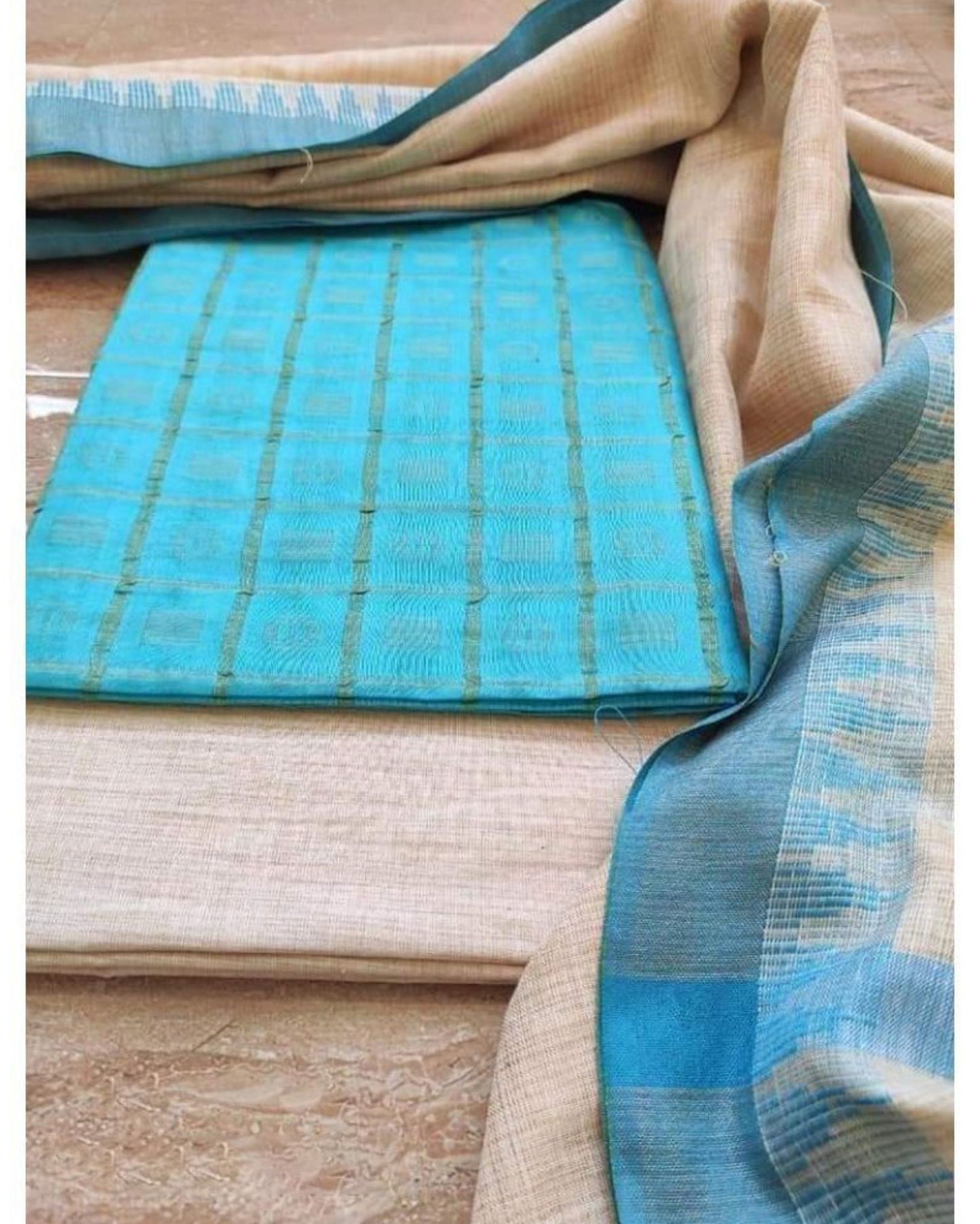 2270-Handcrafted Khadi Cotton Weaving Design Blue Colour Suit Piece with Bottom and Dupatta