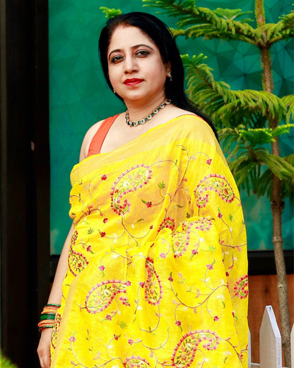3771-Silk Linen Embroidered Handloom Mustard Yellow Saree with Blouse