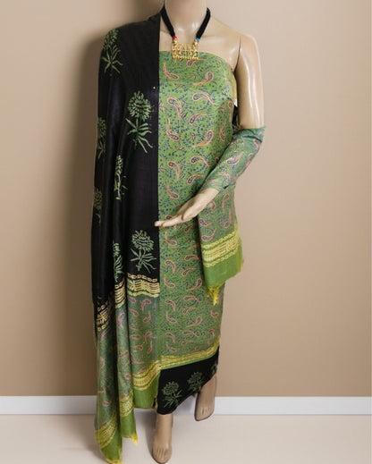 4174-Katan Silk Printed Suit Piece Green Color with Bottom and Dupatta Handcrafted