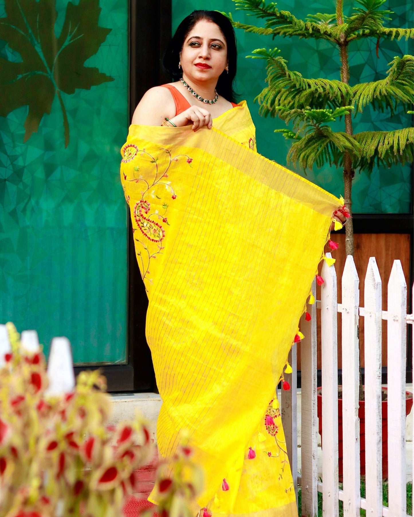 Captivating Silk Linen Embroidered Mustard Saree