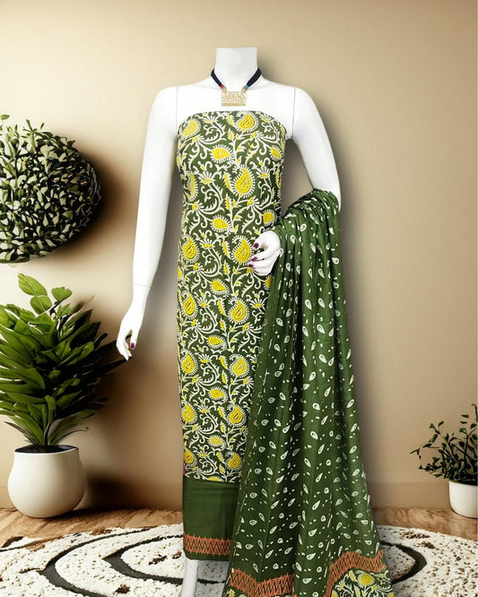 Katan Silk Whimsical Blockprint Green Suit