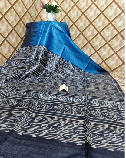 9443-Silkmark Certified Tussar Silk Handloom Handblock Printed Blue Saree with Blouse