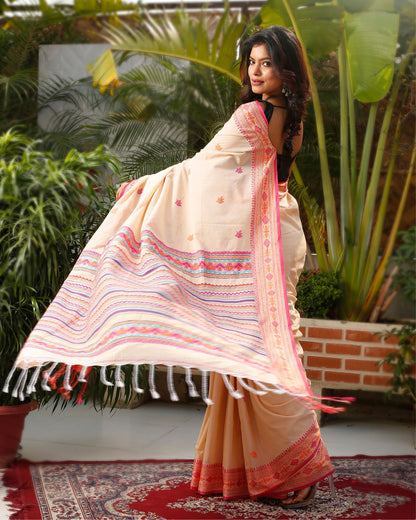 Pure Cotton Handloom Saree Striped Design Pallu Peach Color with running blouse-Indiehaat