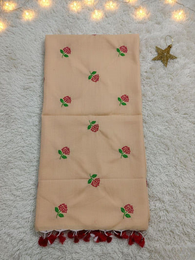 Indiehaat | Pure Cotton Half Embroidery Saree Beige