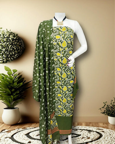 Katan Silk Whimsical Blockprint Green Suit