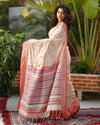 Pure Cotton Handloom Saree Striped Design Pallu Peach Color with running blouse-Indiehaat