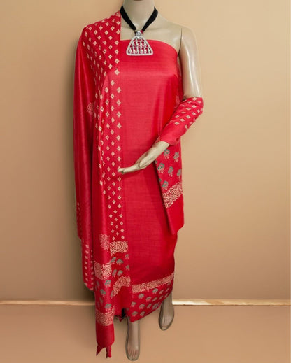 6198-Katan Silk Printed Suit Piece Red Color with Bottom and Dupatta Handcrafted
