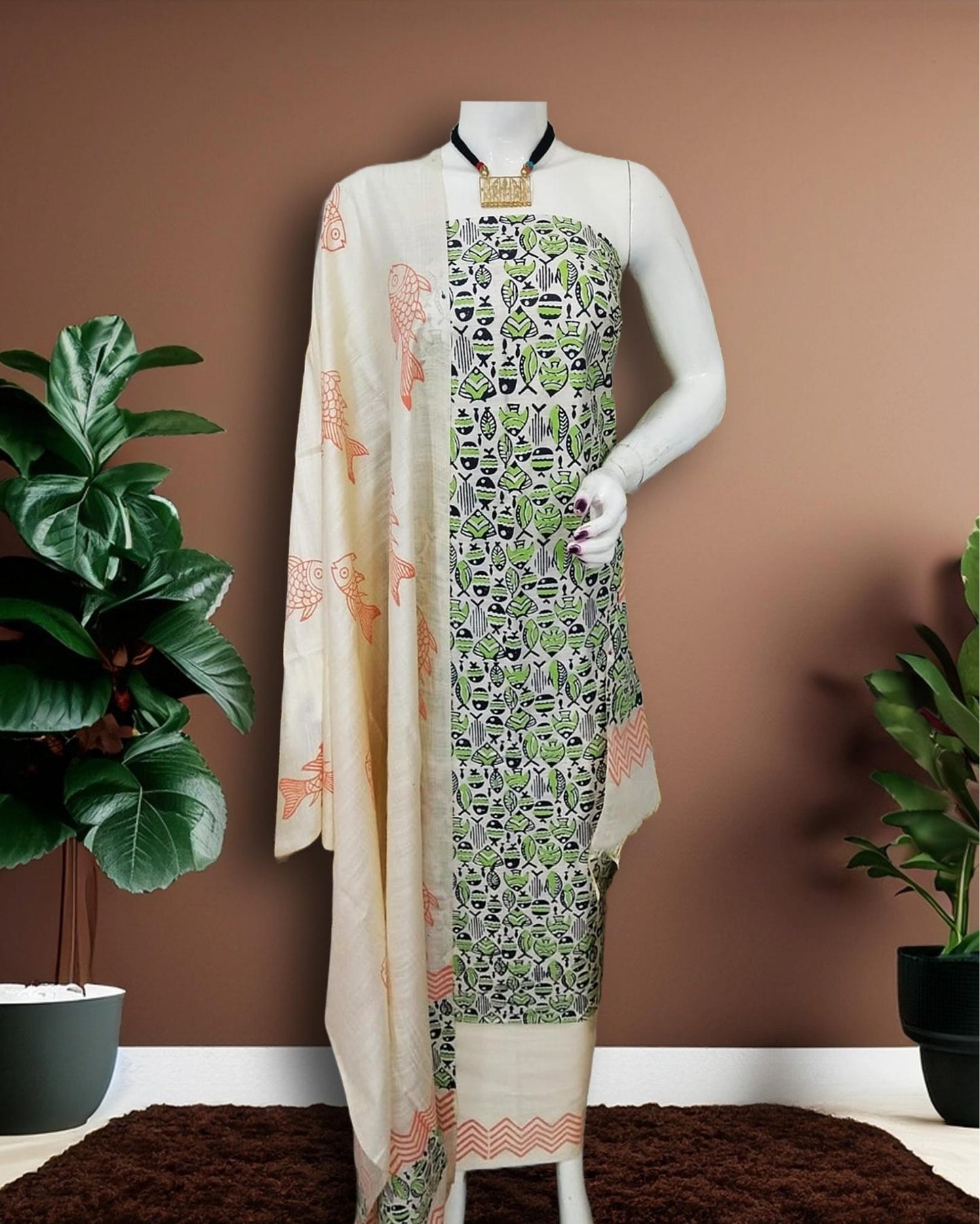 Katan Silk Enigmatic Blockprint Green Suit