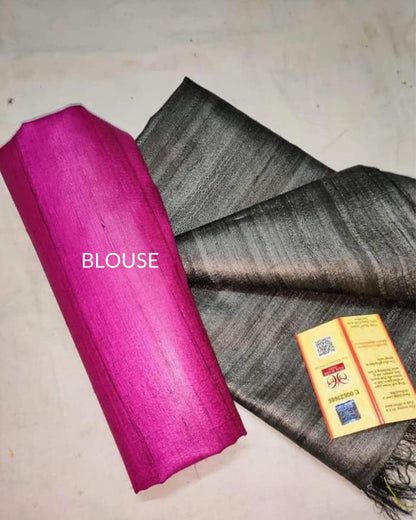 Silkmark Certified Gichcha Tussar Handloom Hand Dyed Bluish Grey Saree with Contrast Blouse-Indiehaat