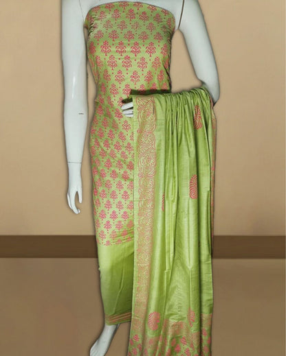 5980-Green Katan Silk Suit Piece with Bottom and Dupatta Floral Handblock Print