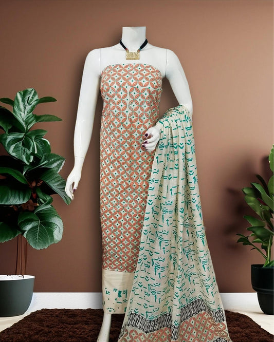 Katan Silk Inspiring Blockprint Beige Suit