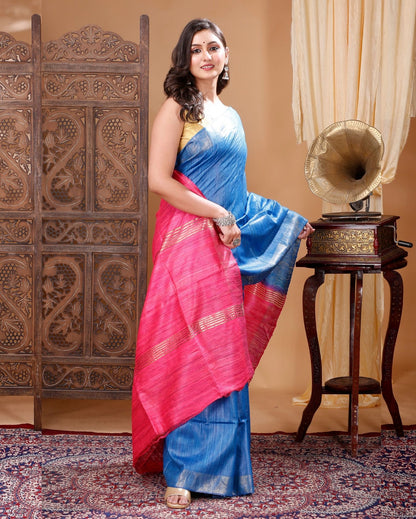 Silkmark Ghicha Tussar Ornamental Blue & Pink Saree