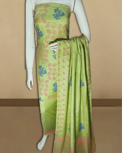 9560-Green Katan Silk Suit Piece with Bottom and Dupatta Floral Handblock Print