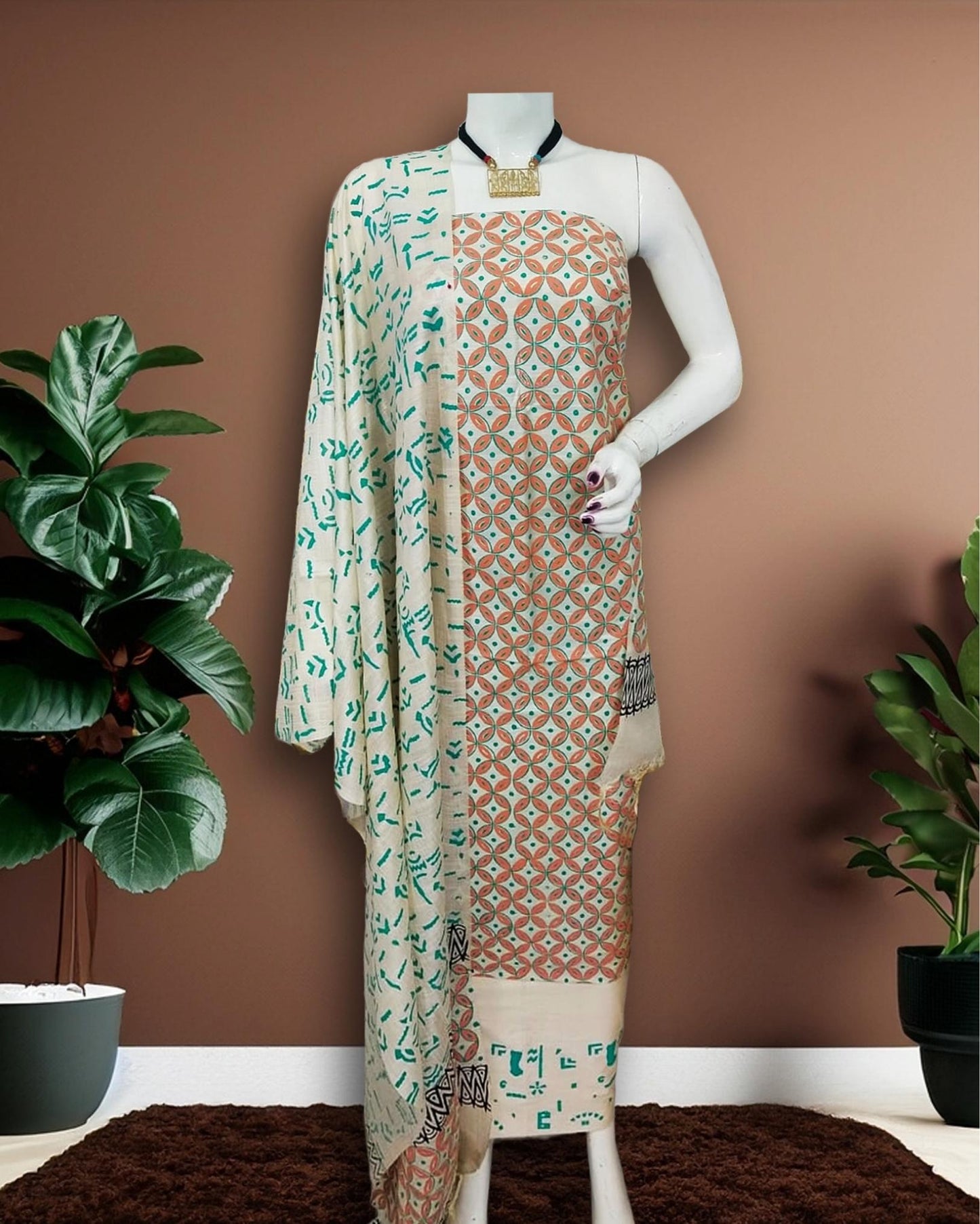 Katan Silk Inspiring Blockprint Beige Suit