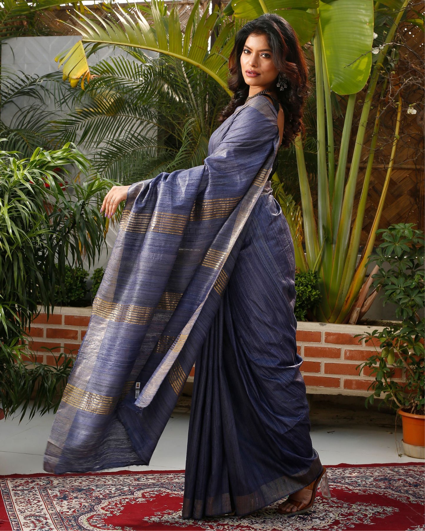 Silkmark Certified Gichcha Tussar Handloom Hand Dyed Bluish Grey Saree with Contrast Blouse-Indiehaat
