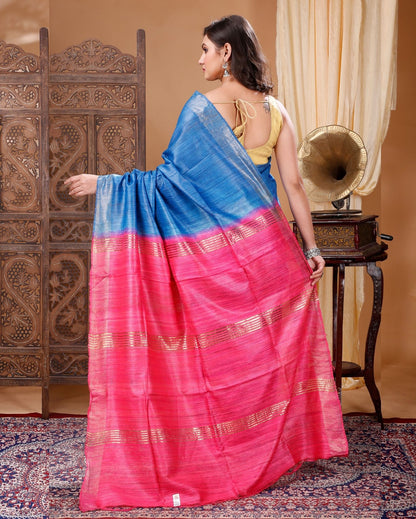 Silkmark Ghicha Tussar Ornamental Blue & Pink Saree