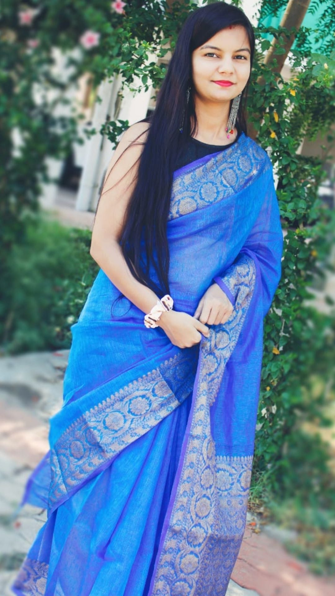 9684-Silk Linen Banarasi Brocade Handloom Sapphire Blue Saree with Blouse