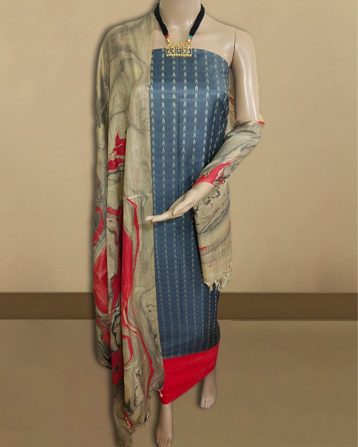 4495-Handcrafted Katan Arsenic Blue Silk Suit Piece with Bottom and Dupatta