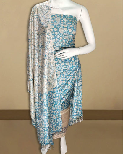 7539-Katan Teal Blue Silk Printed Suit Piece with Bottom and Dupatta Handcrafted