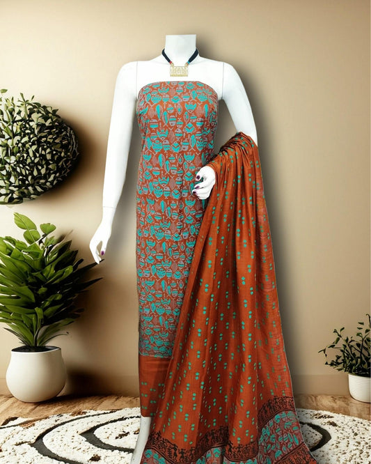Katan Silk Intricate Blockprint Brown Suit