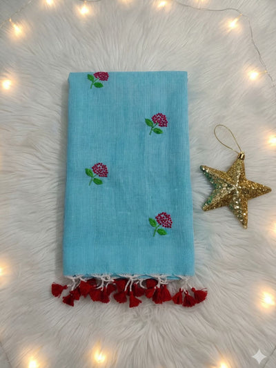 Indiehaat | Pure Cotton Half Embroidery Saree Blue