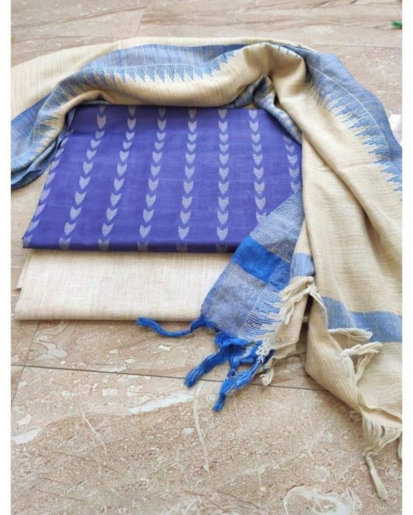 8759-Handcrafted Khadi Cotton Weaving Chetwode Blue Design Suit Piece with Bottom and Dupatta