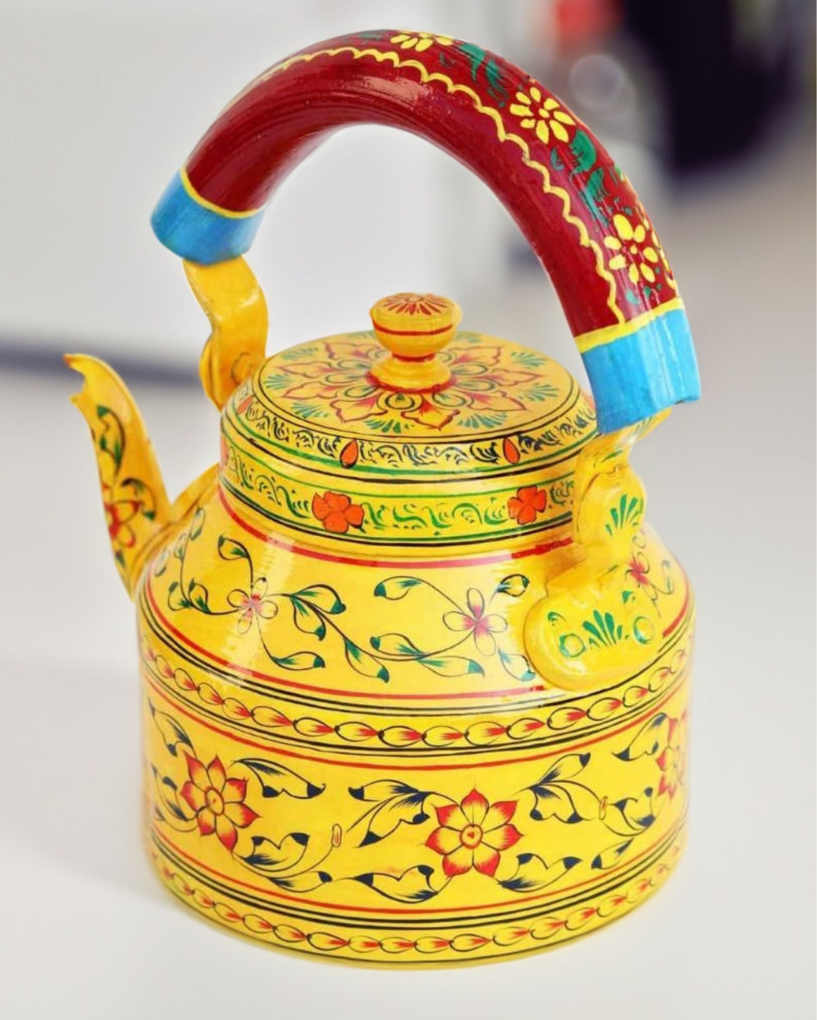 Rajasthani Handpainted Yellow And Multicolored Metal Kettles Indiehaat rajasthani-handpainted-yellow-and-multicolored-metal-kettles-indiehaat