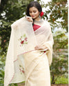 Natural Kota Doria Cotton Bird Embroidery Beige Saree Handdyed