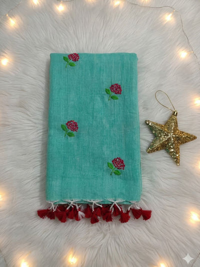 Indiehaat | Pure Cotton Half Embroidery Saree Green