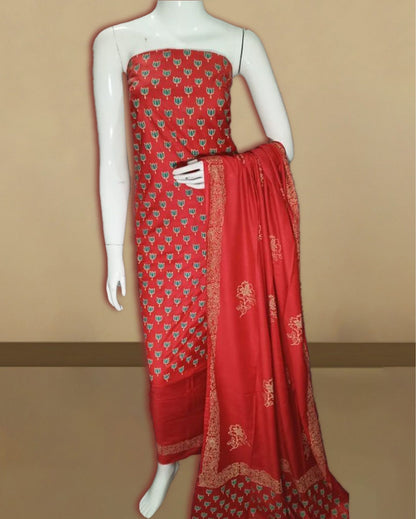 6866-Red Katan Silk Suit Piece with Bottom and Dupatta Floral Handblock Print